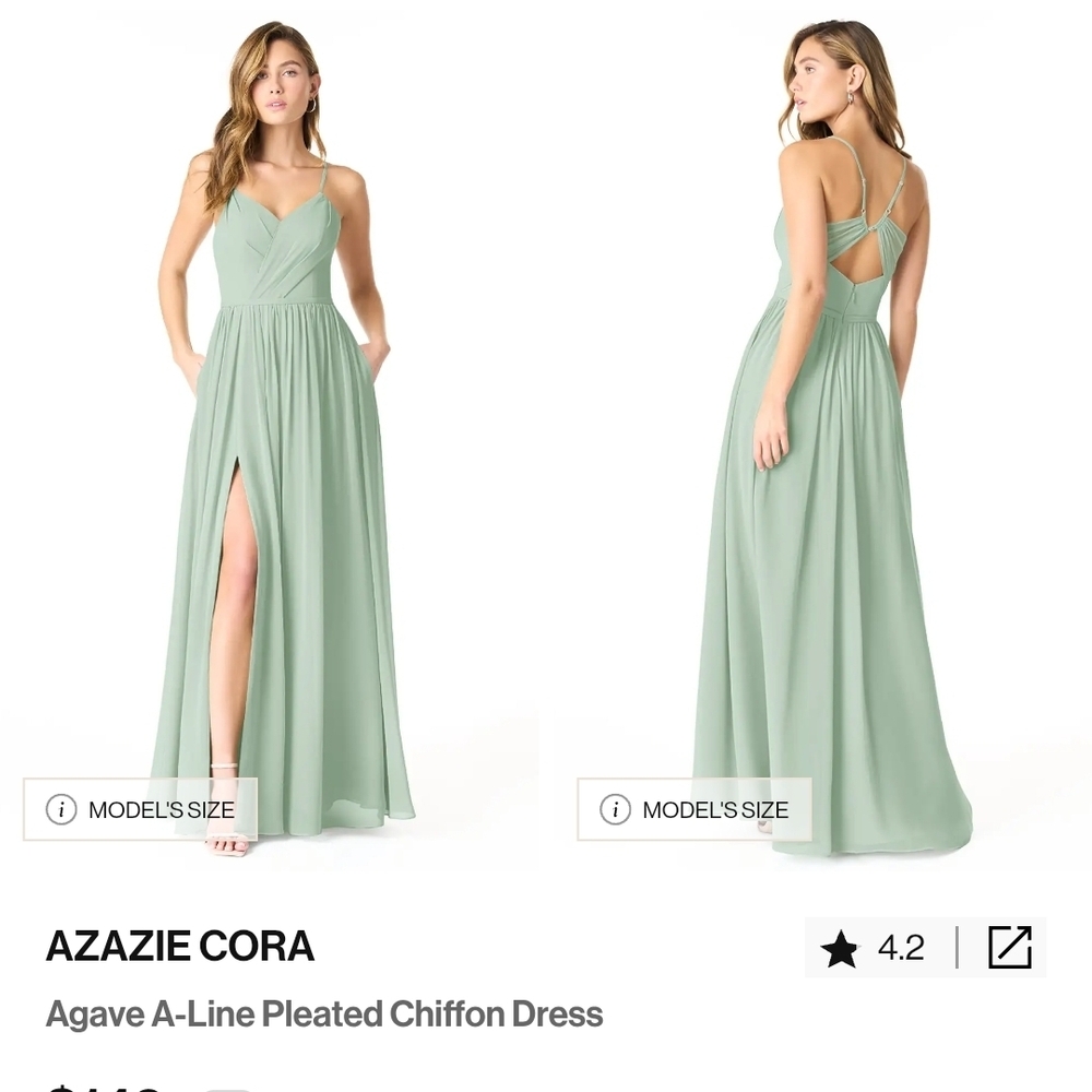 Azazie Cora Agave A-Line Pleated Chiffon Dress with Pockets sz 8